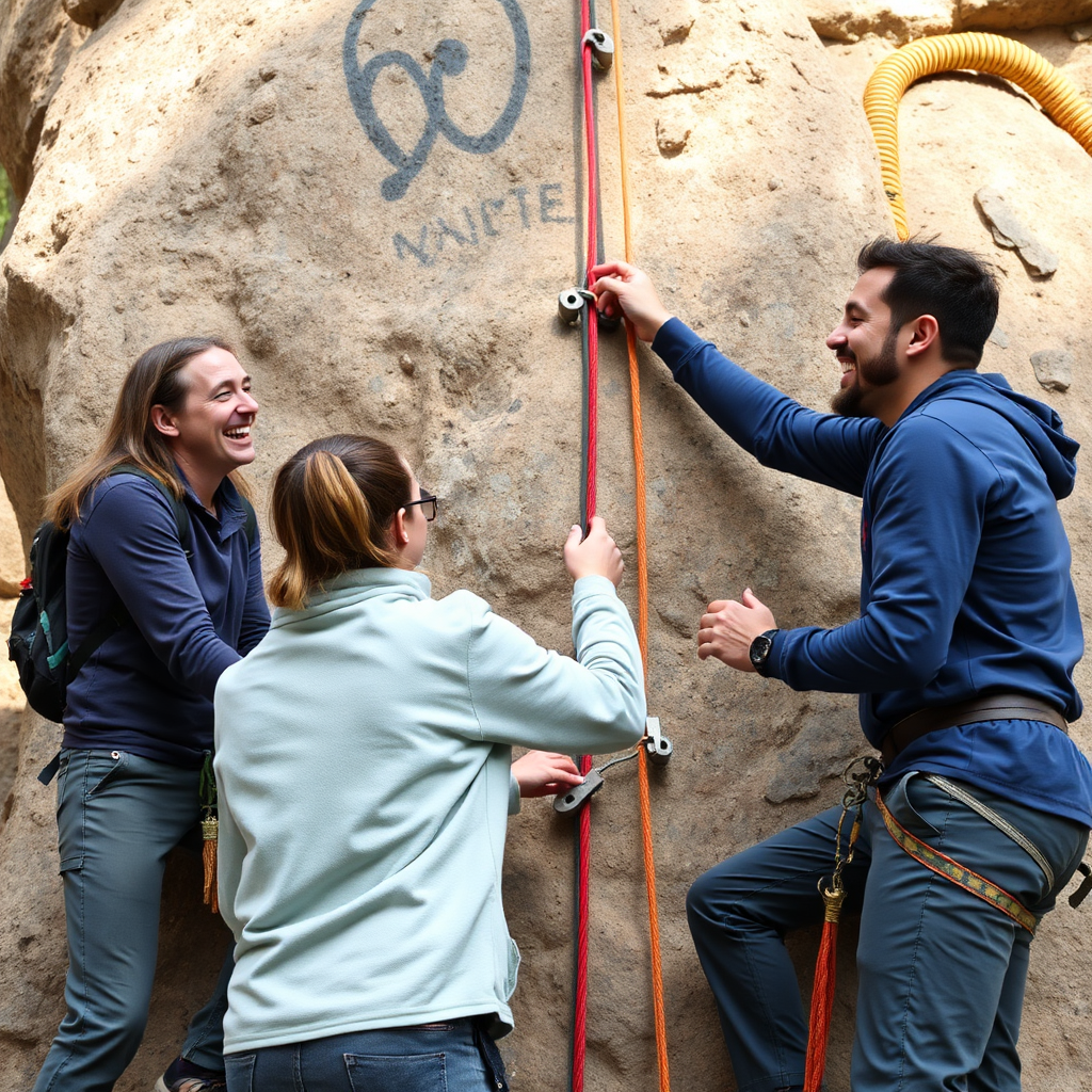 A group of colleagues laughing and helping each other scale a small rock climbing wall with ropes and gear in a safe, controlled setting. The image should convey teamwork, trust, and the exhilaration of overcoming challenges together. Use dynamic angles and natural lighting to capture the energy of the scene.