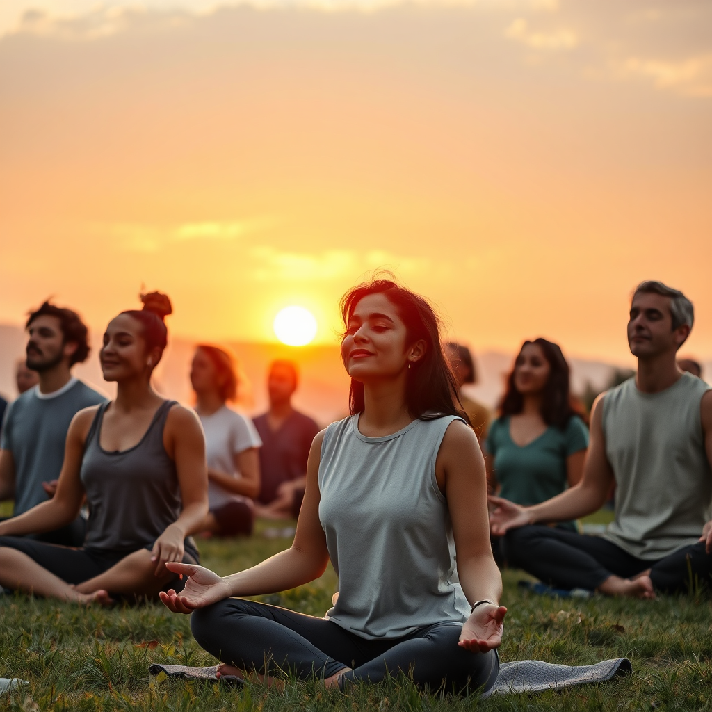 A photorealistic image of a diverse group of people meditating outdoors at sunrise. The scene should evoke feelings of peace, tranquility, and spiritual awakening. Use soft, diffused lighting and a muted color palette to create a serene atmosphere. Focus on capturing the expressions of contentment and inner peace on the faces of the participants.